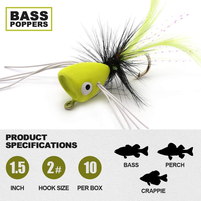 XFISHMAN Fly Fishing Poppers Lures for Bass Panfish Flies Topwater Popper for Crappie Bluegill Kit (Bass Popper Oversize kit 10 pcs) - Image 3
